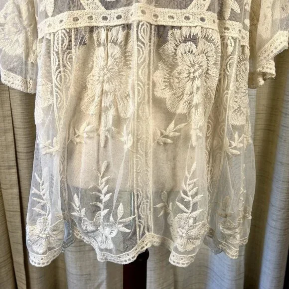 Entro White Sheer Boho Embroidered Lace Kimono Jacket Blouse M Cottagecore - Picture 11 of 15